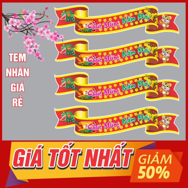 Sticker tem nhãn tết dán giỏ quà combo 50 tem